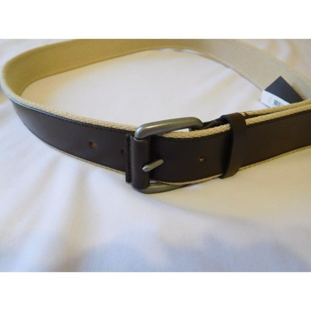 Cole Haan Mens Belt Feather Edge Smooth Panel Dark Brown Beige Size 42 NWT NEW